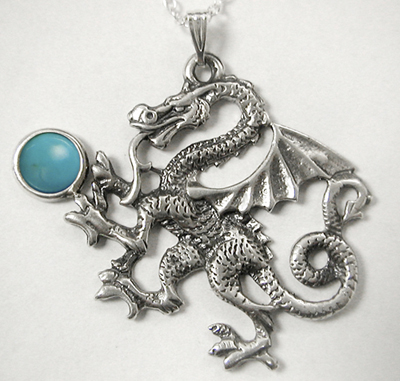 Sterling Silver Large Fighting Dragon Pendant With Turquoise
